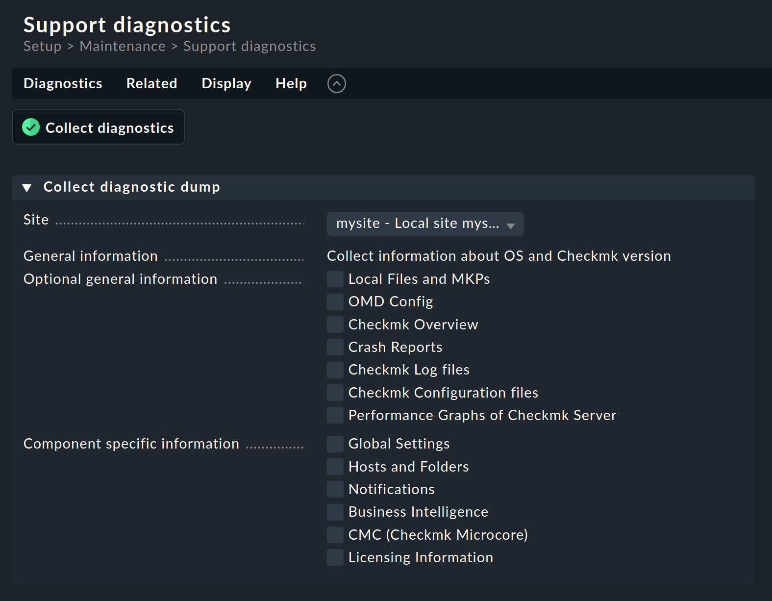 Optionen der Support diagnostics.