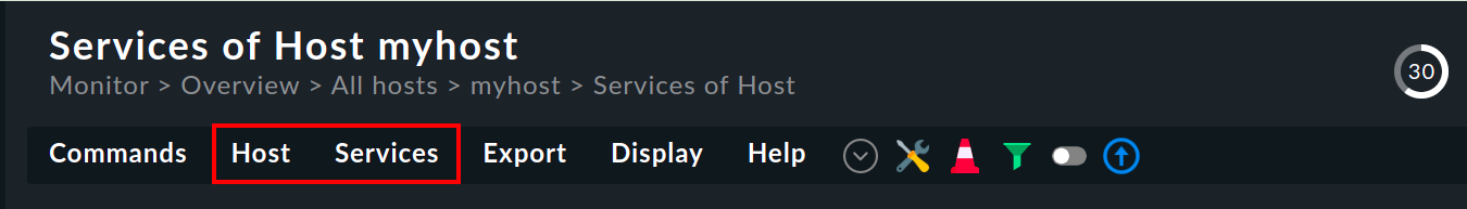Menüleiste der Ansicht Services of Host.