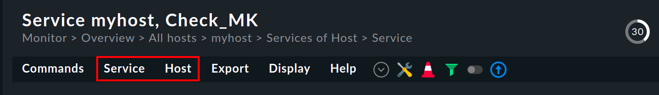 Menüleiste der Ansicht eines Services eines Hosts.