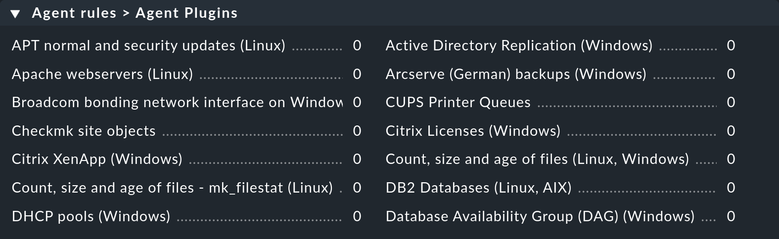 Seite mit den Regeln zur Konfiguration der Agentenplugins in den Enterprise Editions.