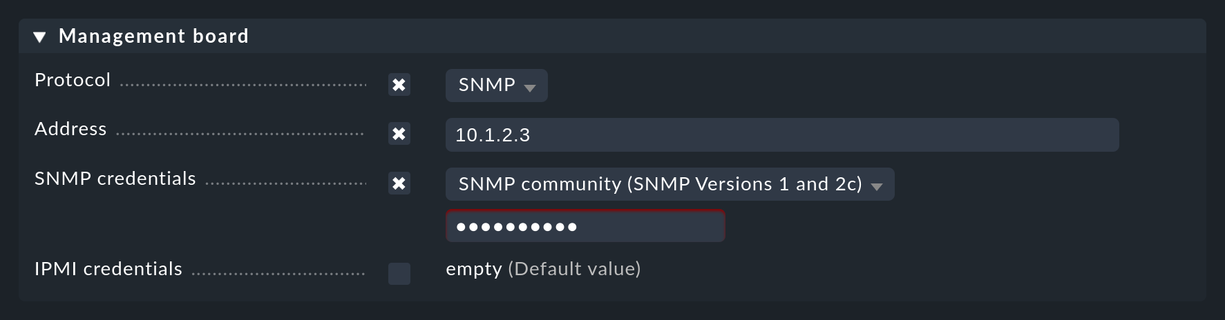 The configuration of the management board for SNMP in the properties of the host.