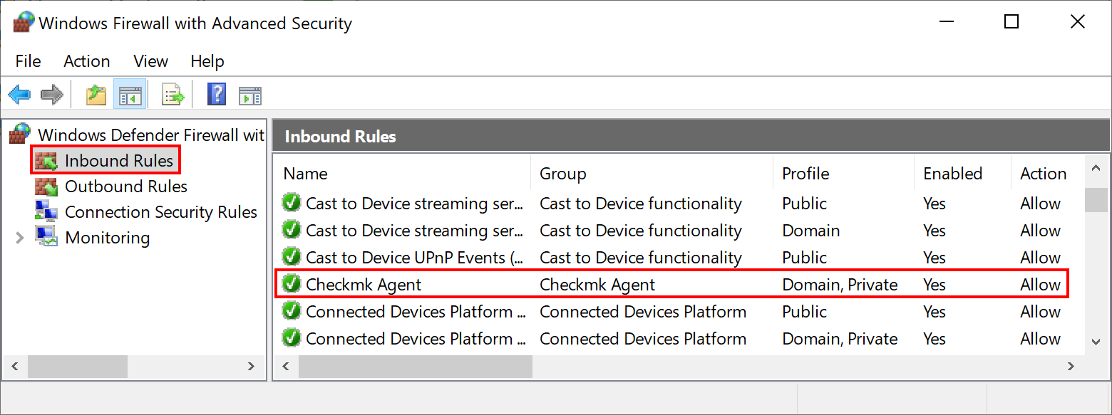 Entry of the Checkmk agent for Windows Firewall.