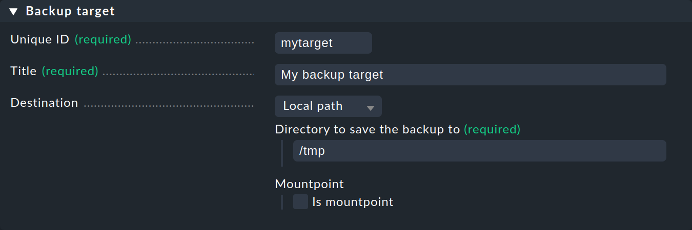 Dialogue for defining a backup target.