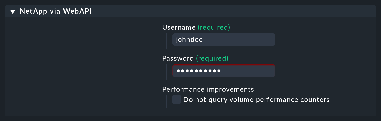 Input mask of the access data for Netapp monitoring.