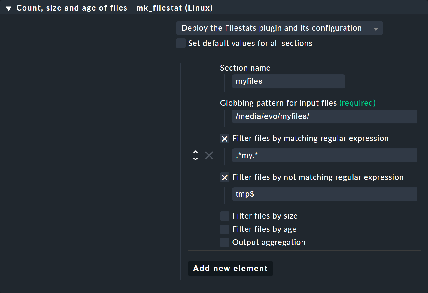 Form to configure the agent plug-in mk_filestats.