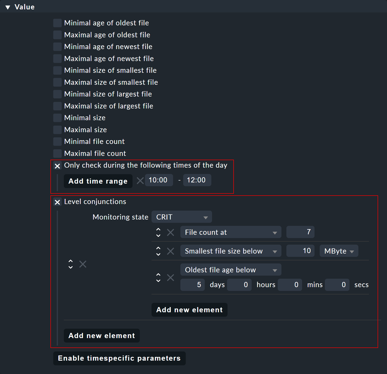 Specifying conditions for files monitored with fileinfo.