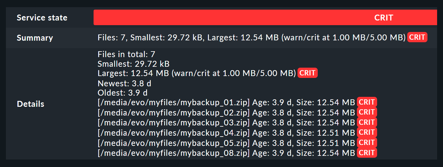 Service details in monitoring for CRIT status.