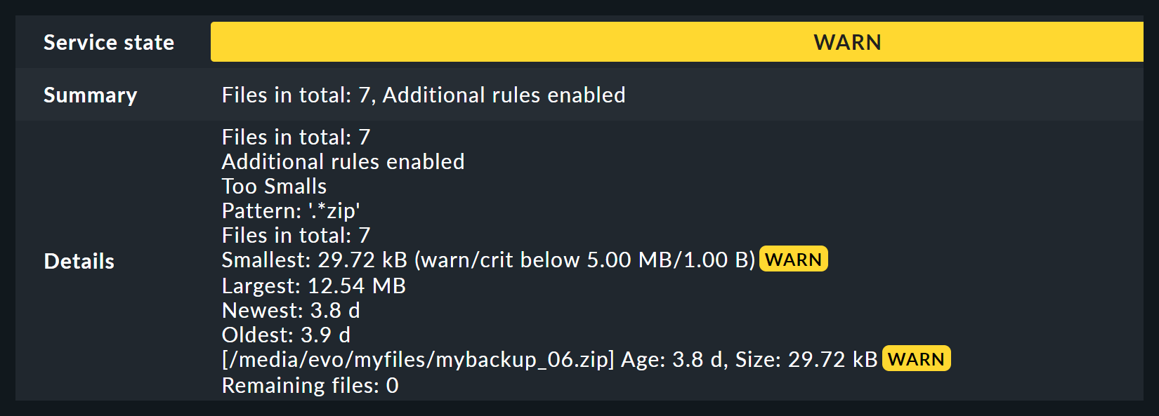 Service details in monitoring for the WARN status.