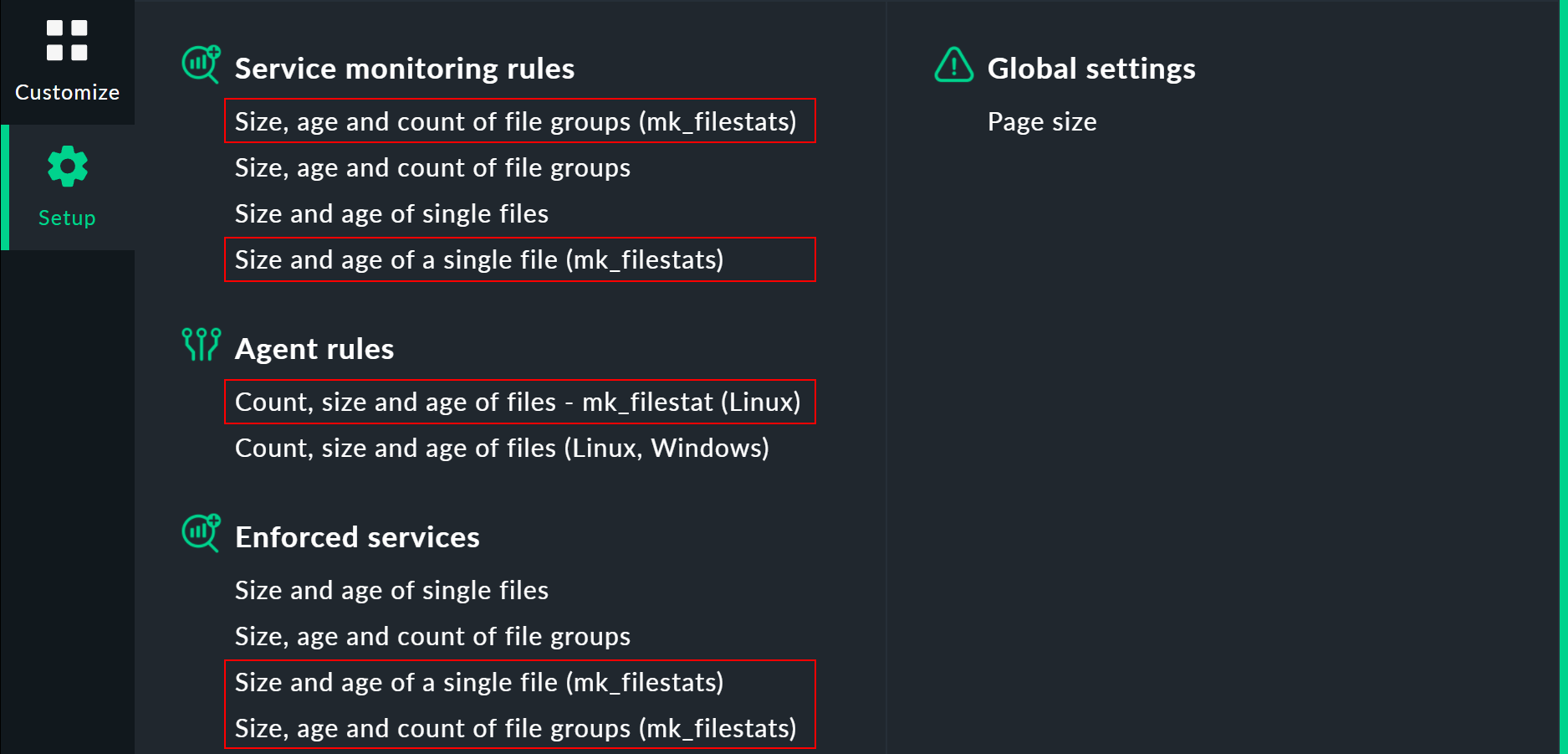 Setup menu with mk_filestats and fileinfo entries.