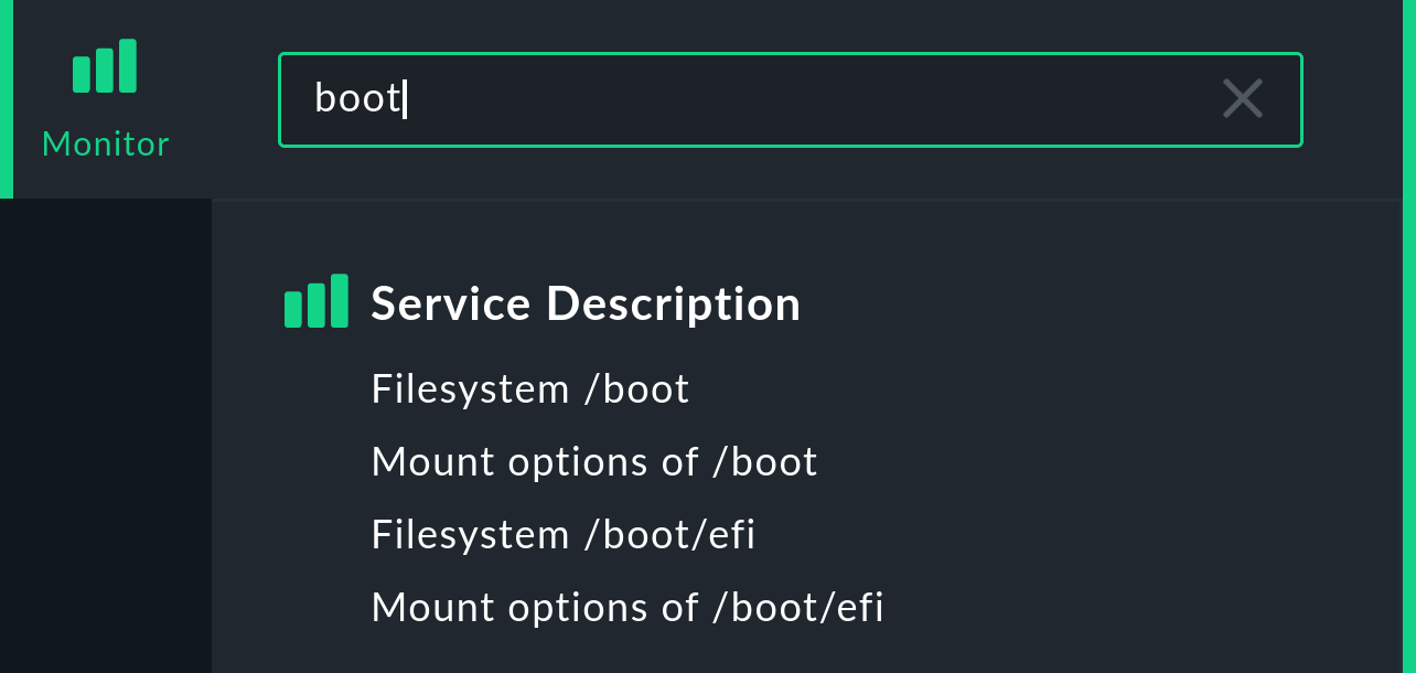 Monitor-Menü mit Suchergebnissen.