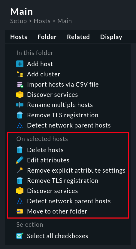 'Hosts' menu with the bulk actions function.