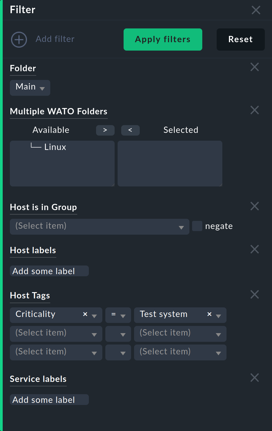 Table view with filter bar and selected filters for structuring elements.