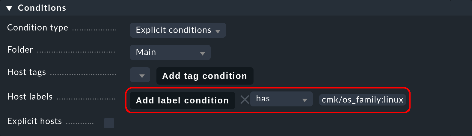 Dialog for setting the conditions for assignment to the host group.