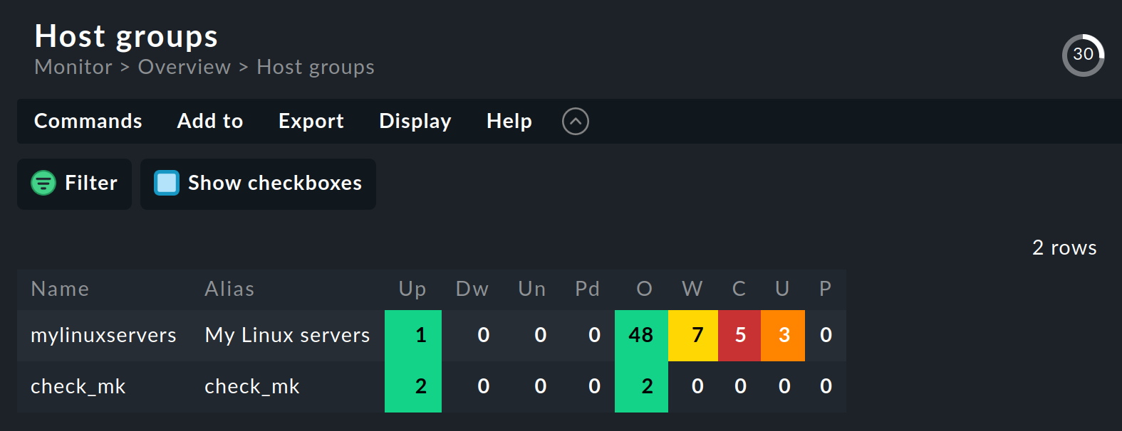 Table view of host groups.