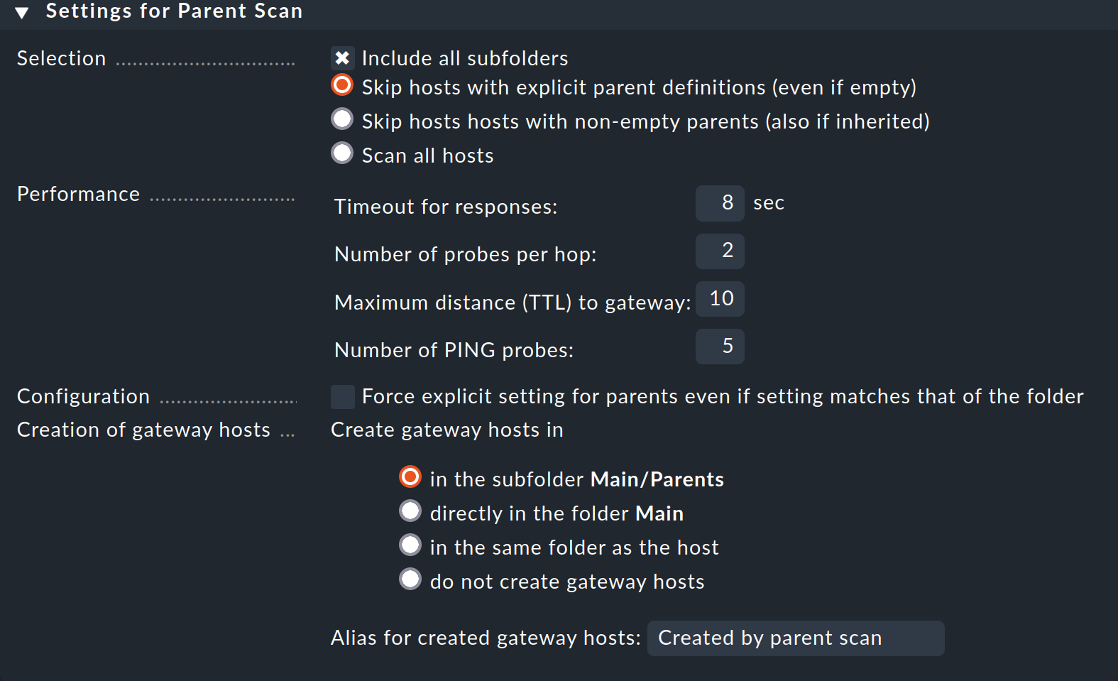 Dialog with scan configuration for the parents.