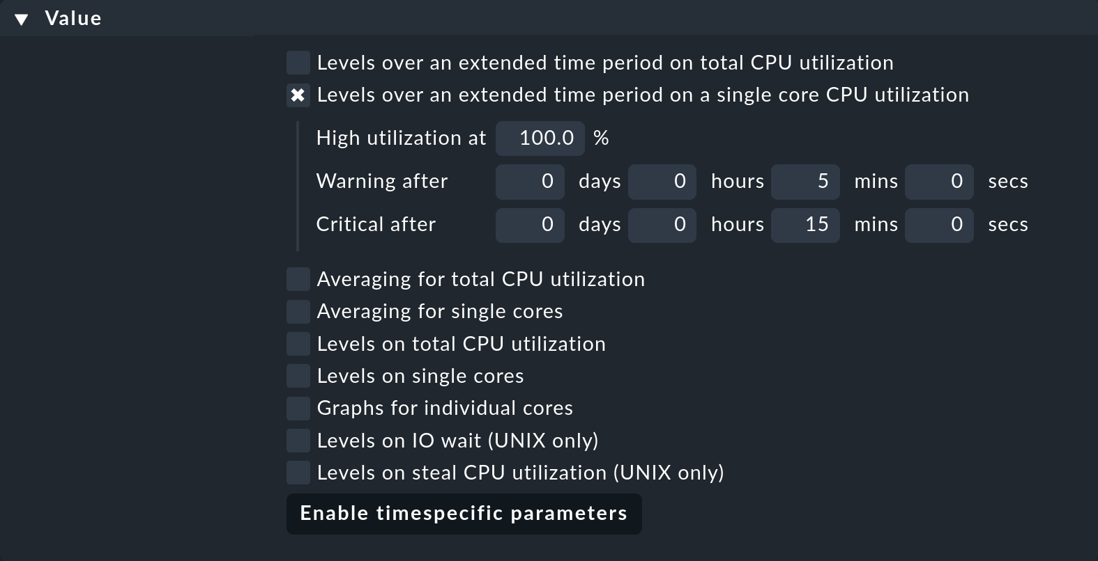 Dialog for defining the monitoring of CPU utilization of individual cores for Windows servers.