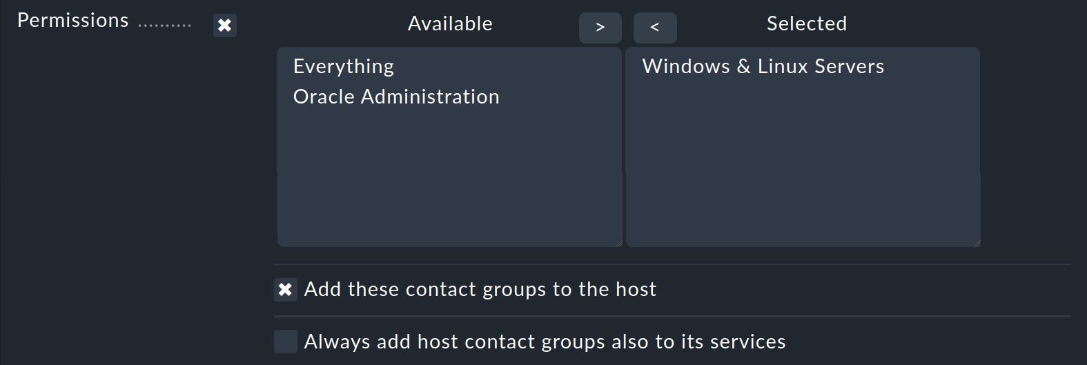 Dialog zur Zuweisung von Kontaktgruppen zu Hosts in den Host-Eigenschaften.