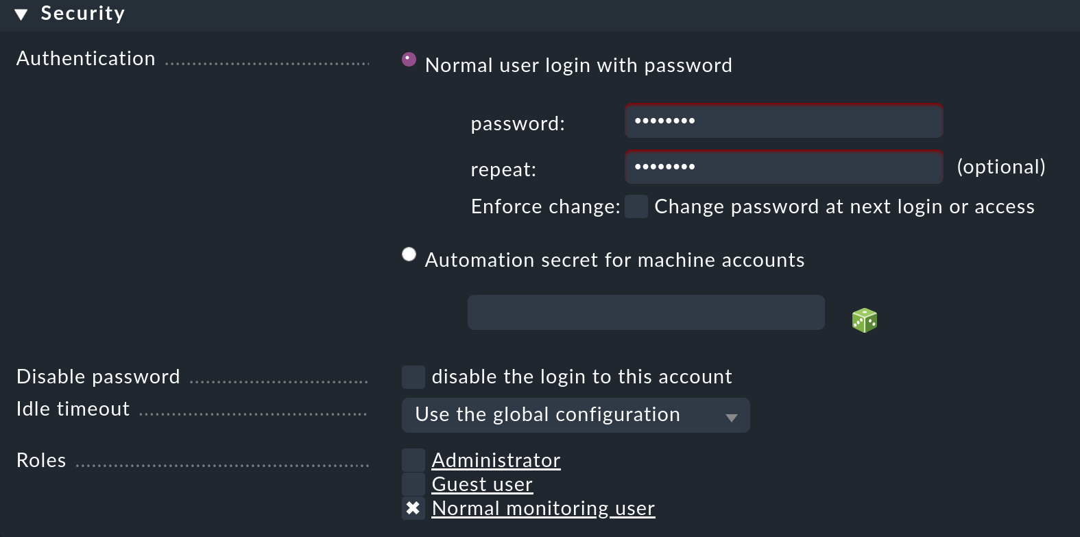 Dialog for defining the security settings for the new user.