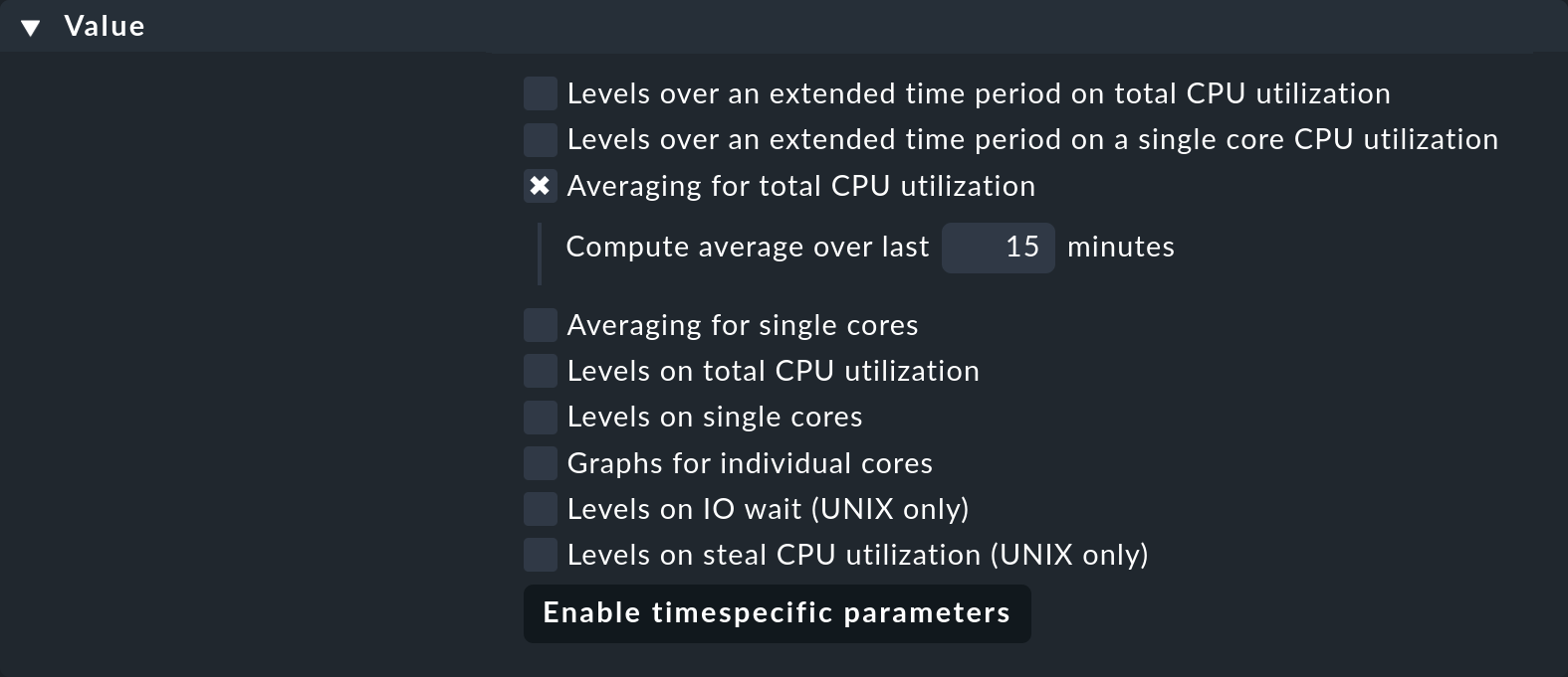 Dialog for setting mean values for CPU utilization in a rule.