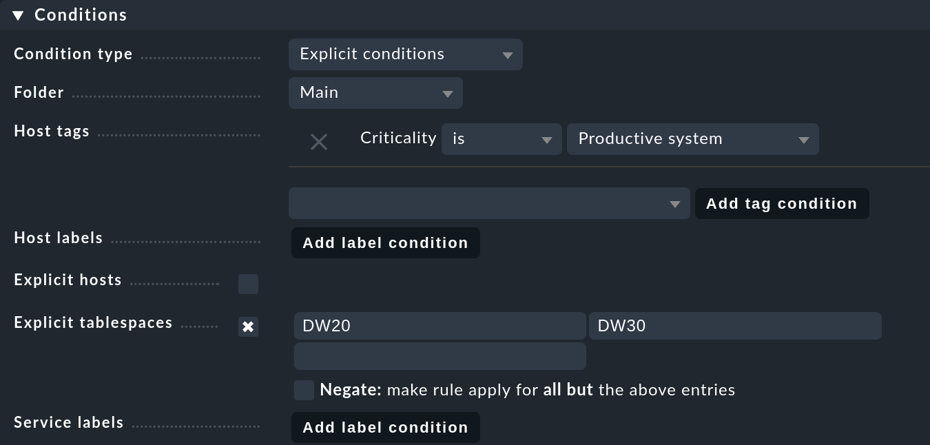 Dialog for setting the conditions for the new rule.