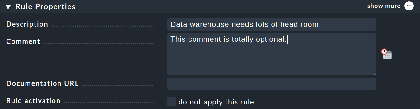 Dialog for setting the properties for the new rule.