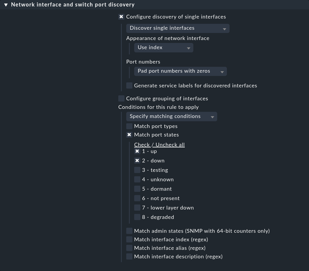 Dialog for defining the monitoring of switch ports in a rule.