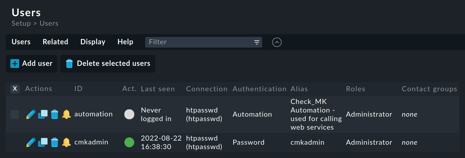 Liste der Checkmk-Benutzer.