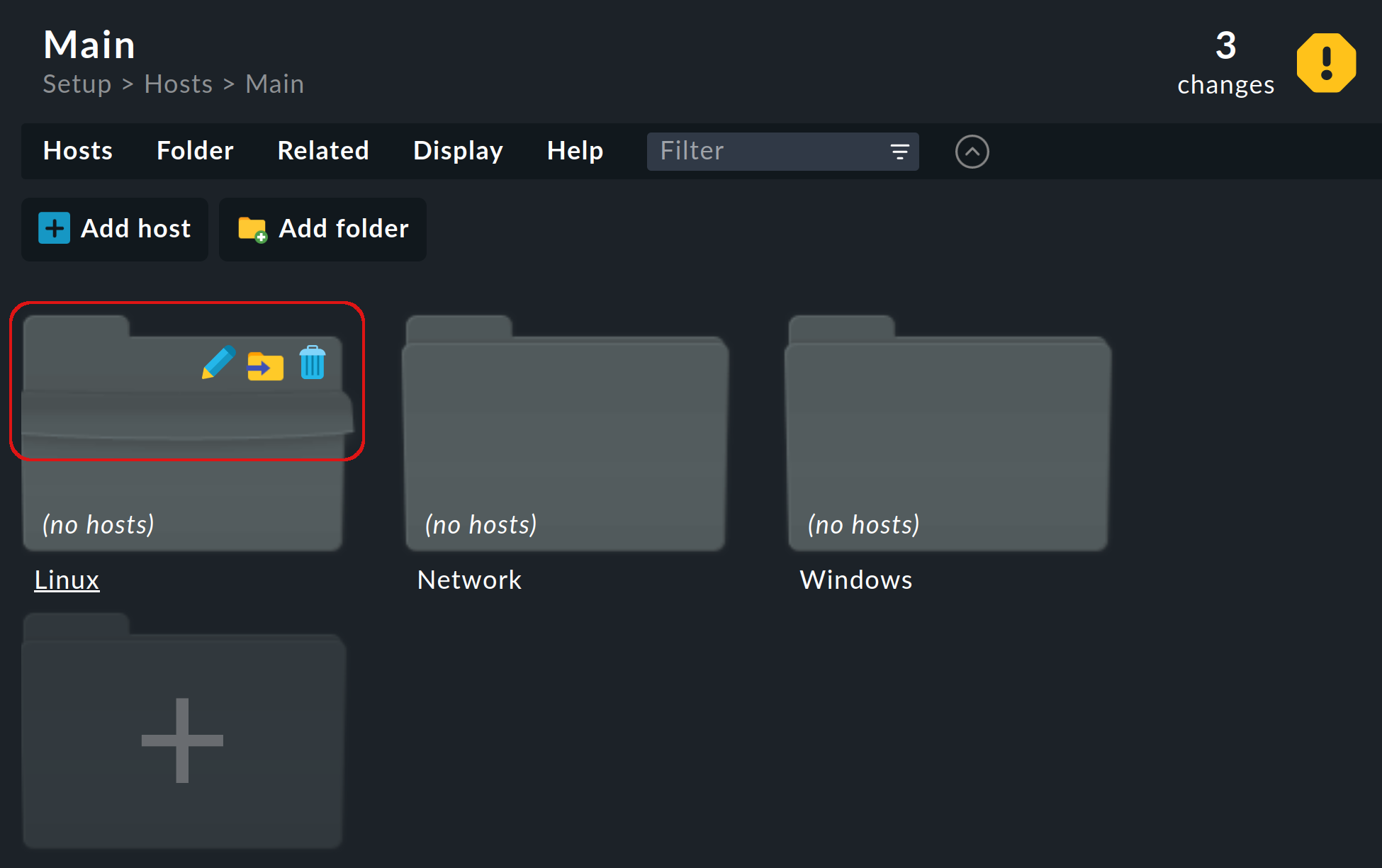 View of 'Main' with three folders, one of them expanded with icons for folder actions.