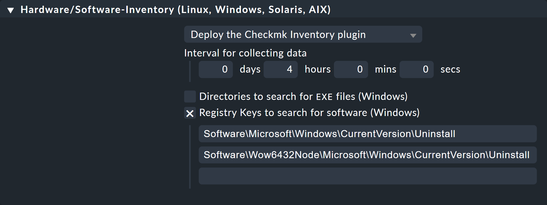 Eingabemaske mit Optionen für das Inventory-Agentenplugin.