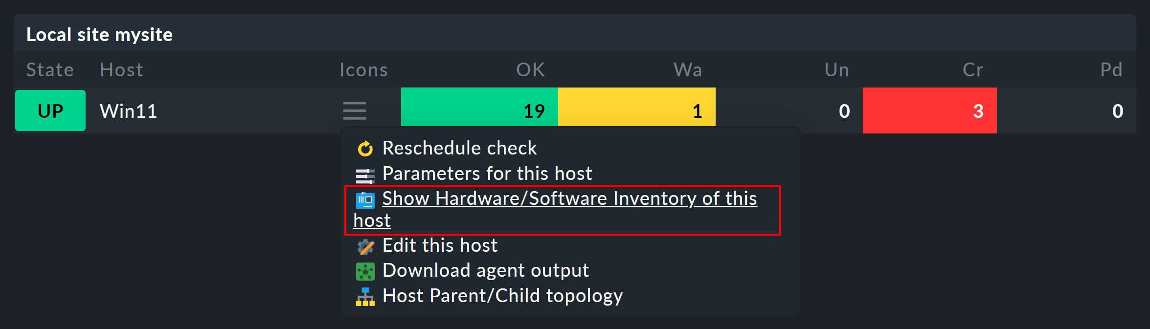 Kontextmenü zum Anzeigen des Inventars eines Hosts.