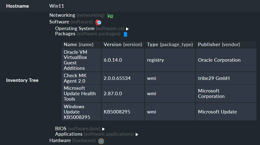 Software packages in the inventory tree.