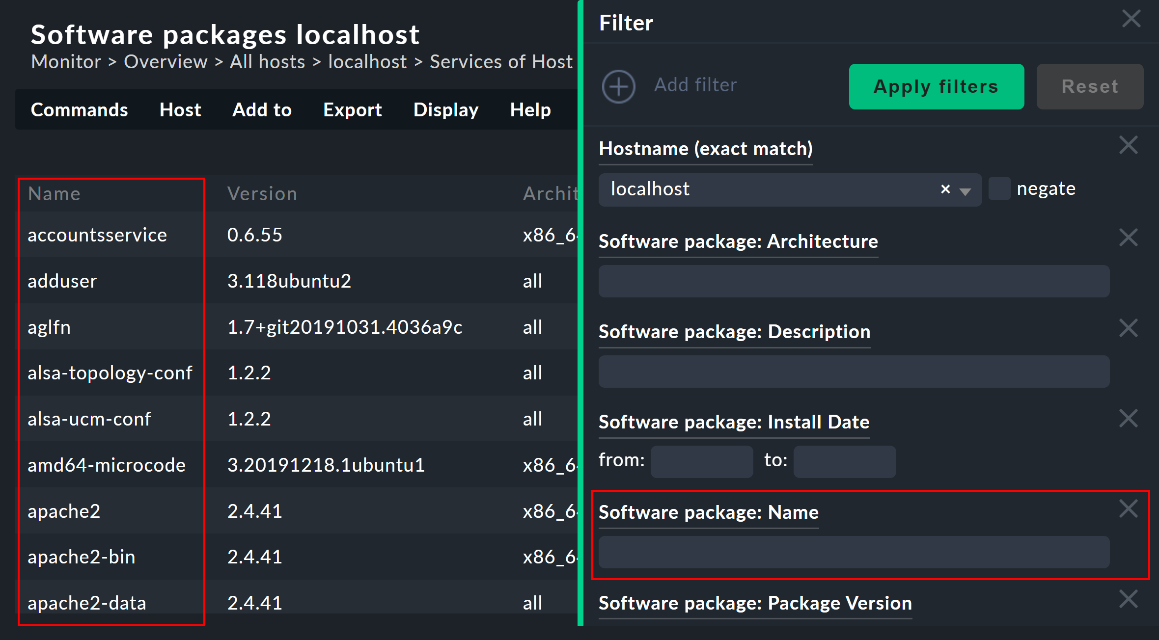 Filterliste für Softwarepakete.