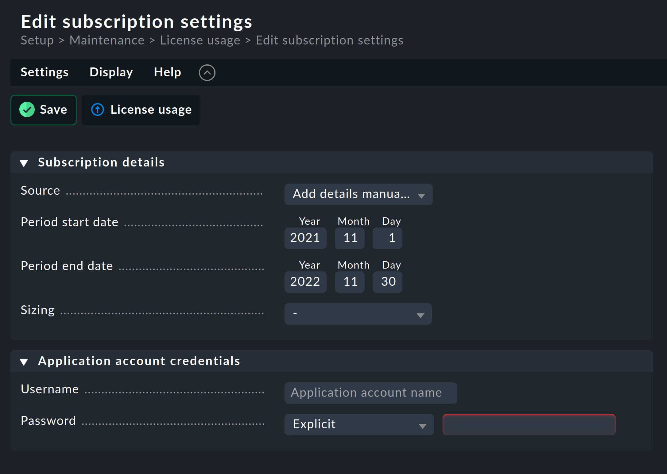 Form for entering subscription settings.