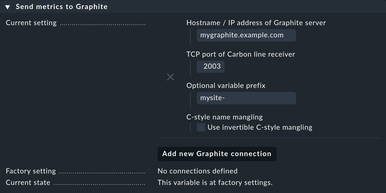 The properties for a Graphite connection.