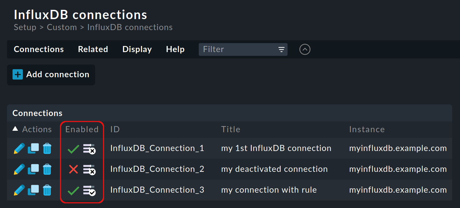 List of InfluxDB connections.