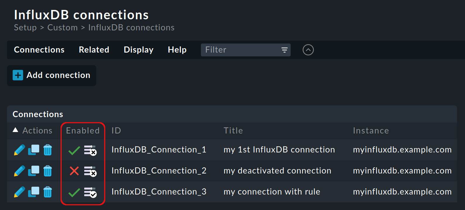 Liste der InfluxDB-Verbindungen.