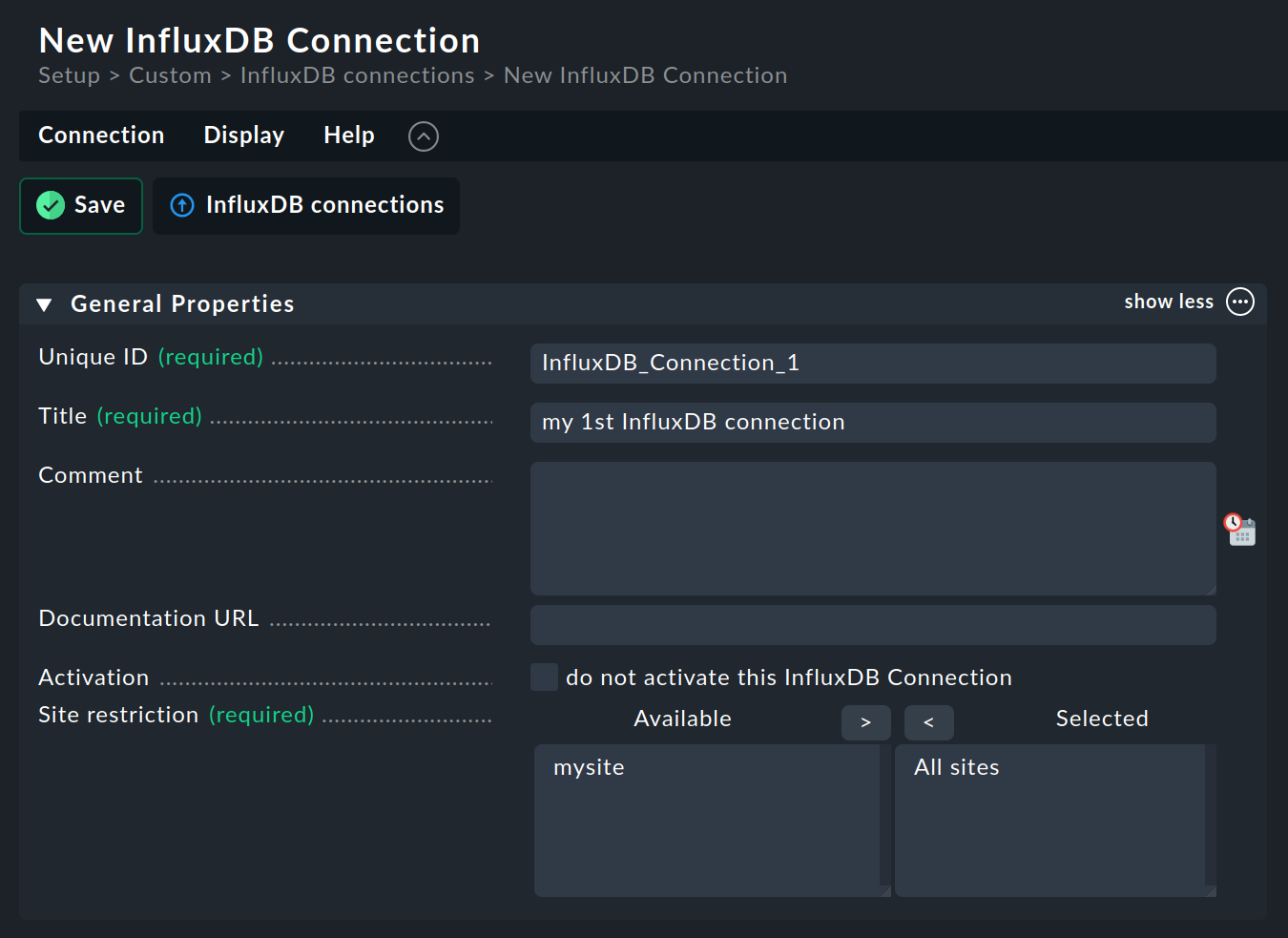 Die allgemeinen Eigenschaften einer InfluxDB-Verbindung.