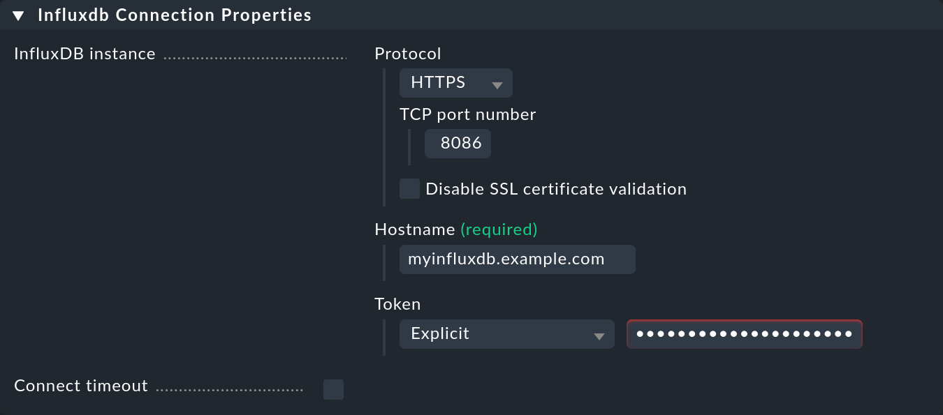 Die InfluxDB-spezifischen Eigenschaften der Verbindung.