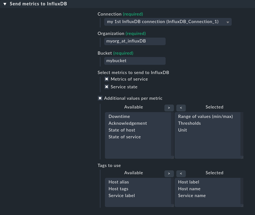 Rule to select metrics information to send via InfluxDB connection.