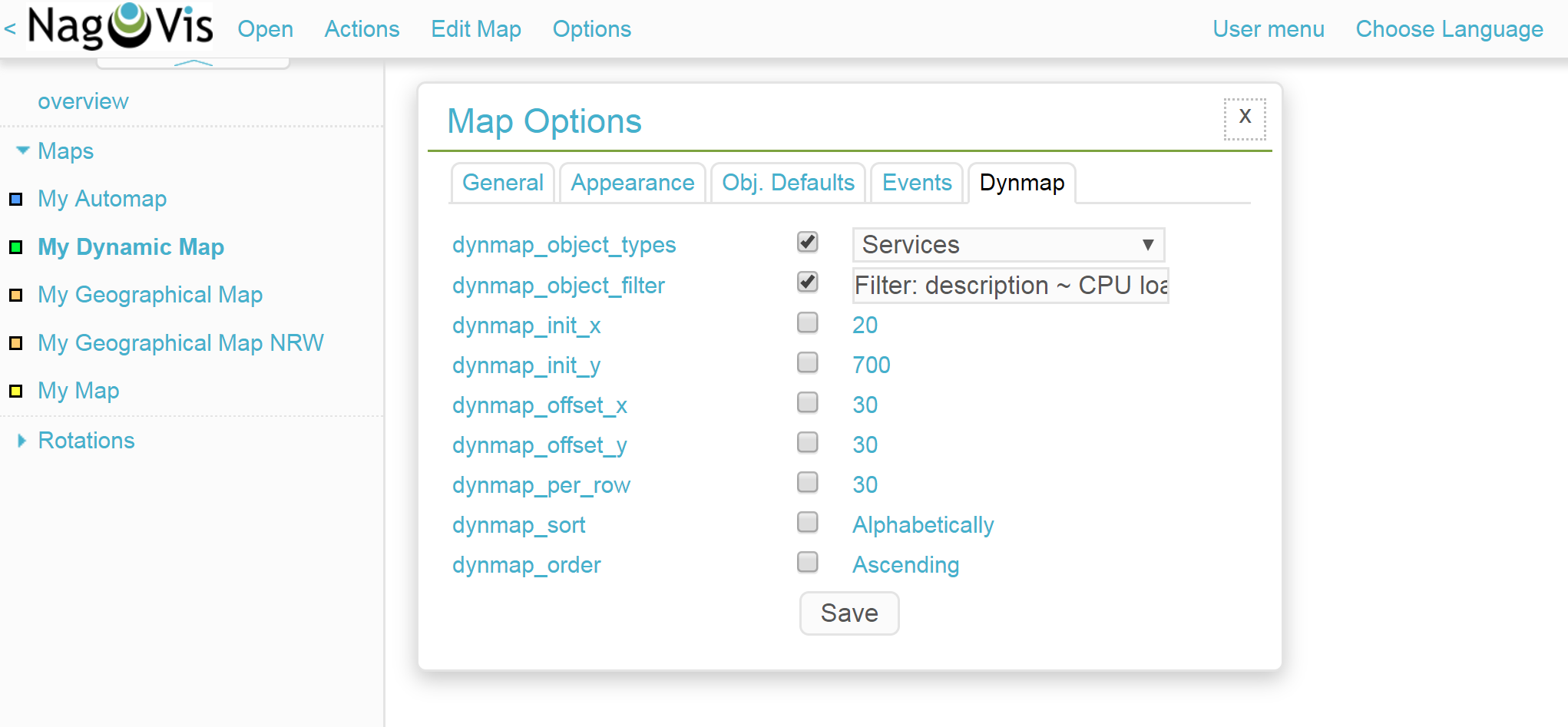 nagvis2 dynmap options filter