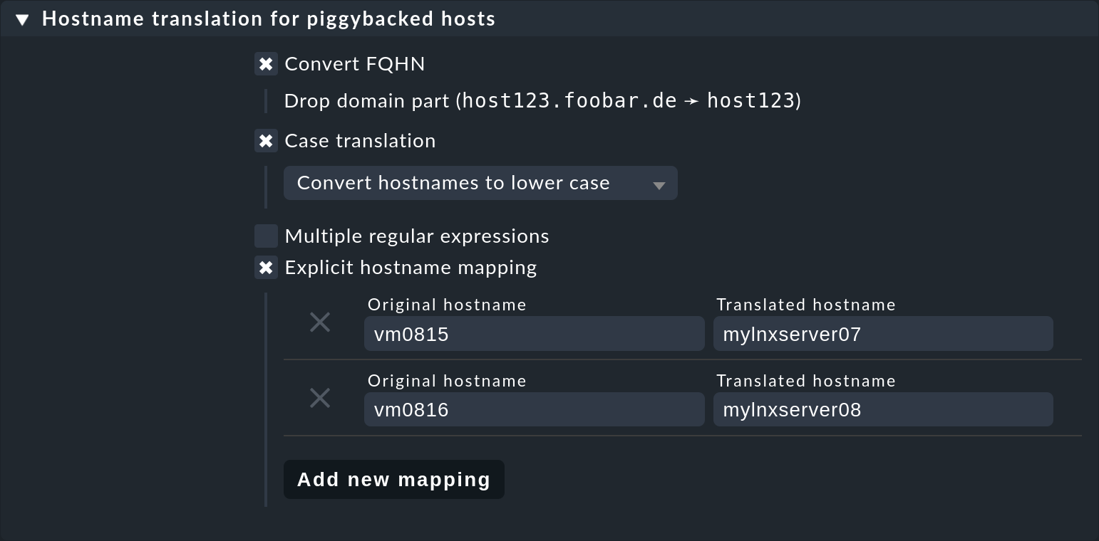 Options for 'hostname translation', removing the domain part, conversion to lowercase or explicit mapping.