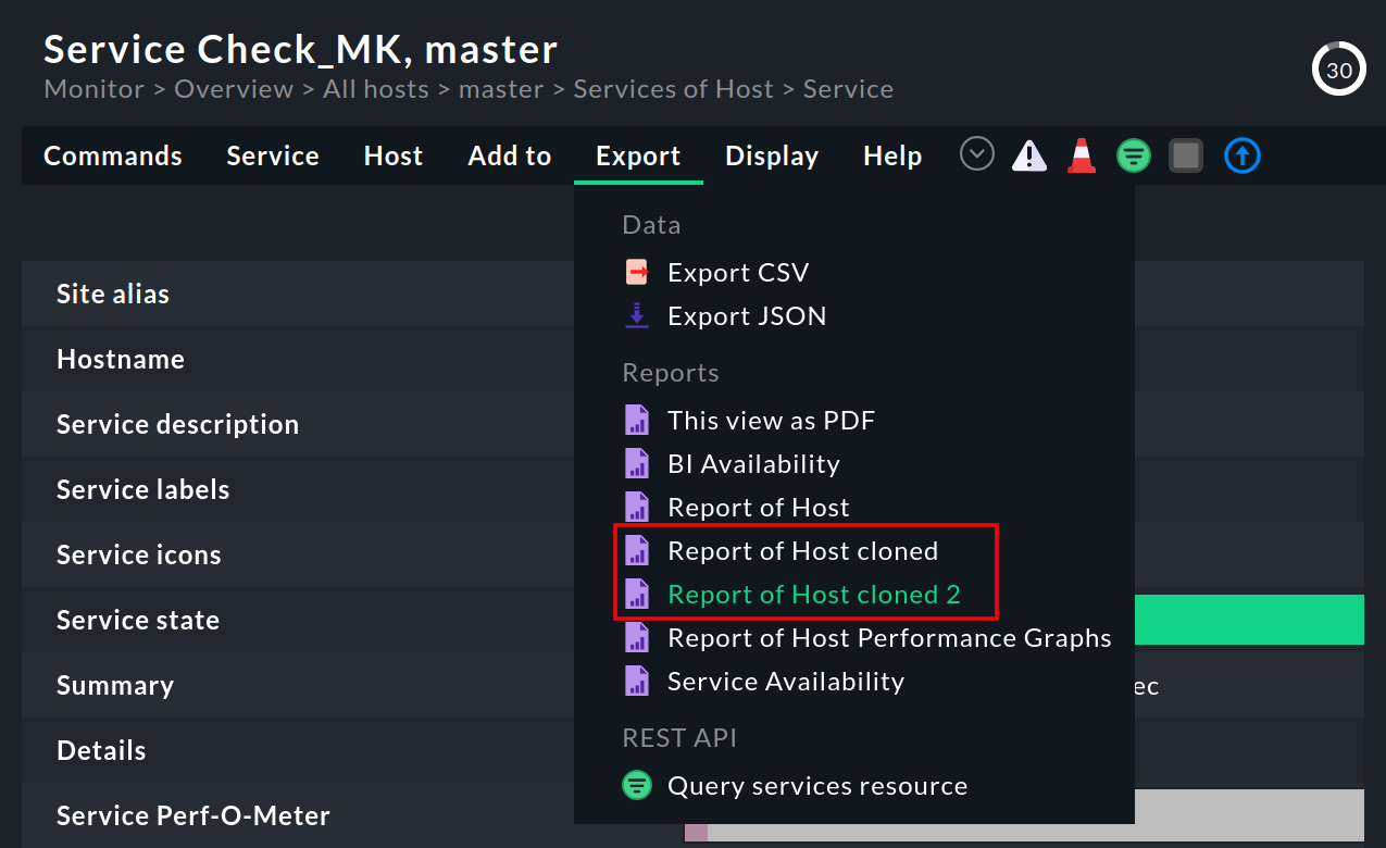 List of reports in Export menu.