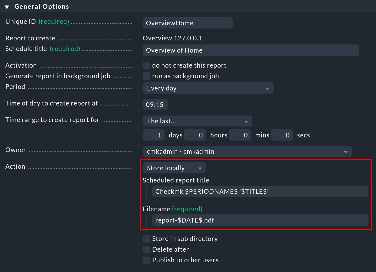 Parameters for storing a report locally.