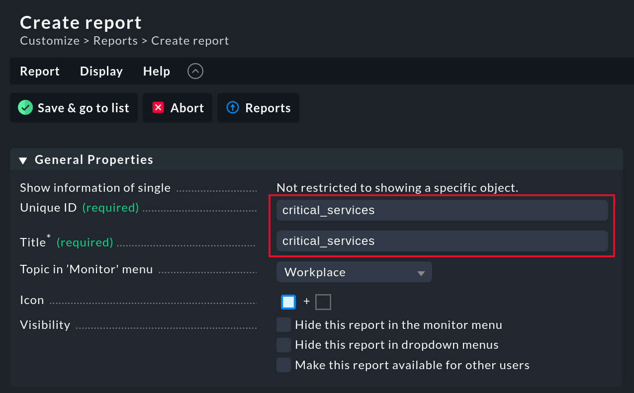 Assigning unique ID and title for the new report.