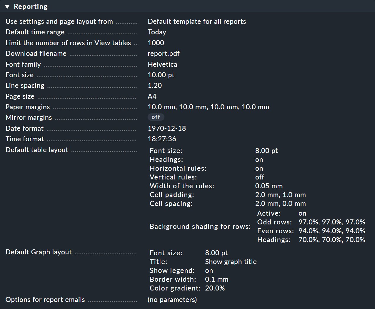 Global settings for reports.