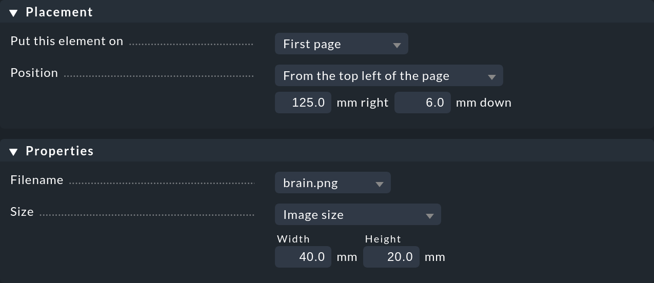 Dialog for image properties.