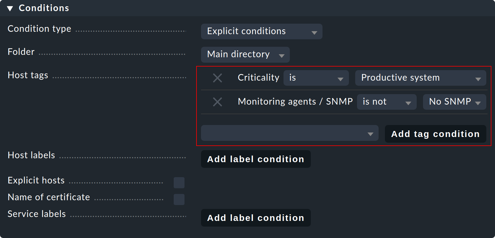 Specifying multiple host tags in one condition.