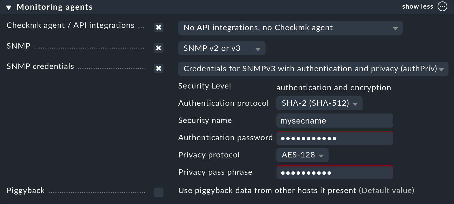 Configuring SNMP v3 security settings.