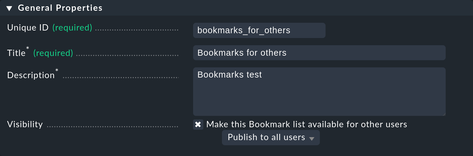 Dialogue with properties when creating a bookmark list.