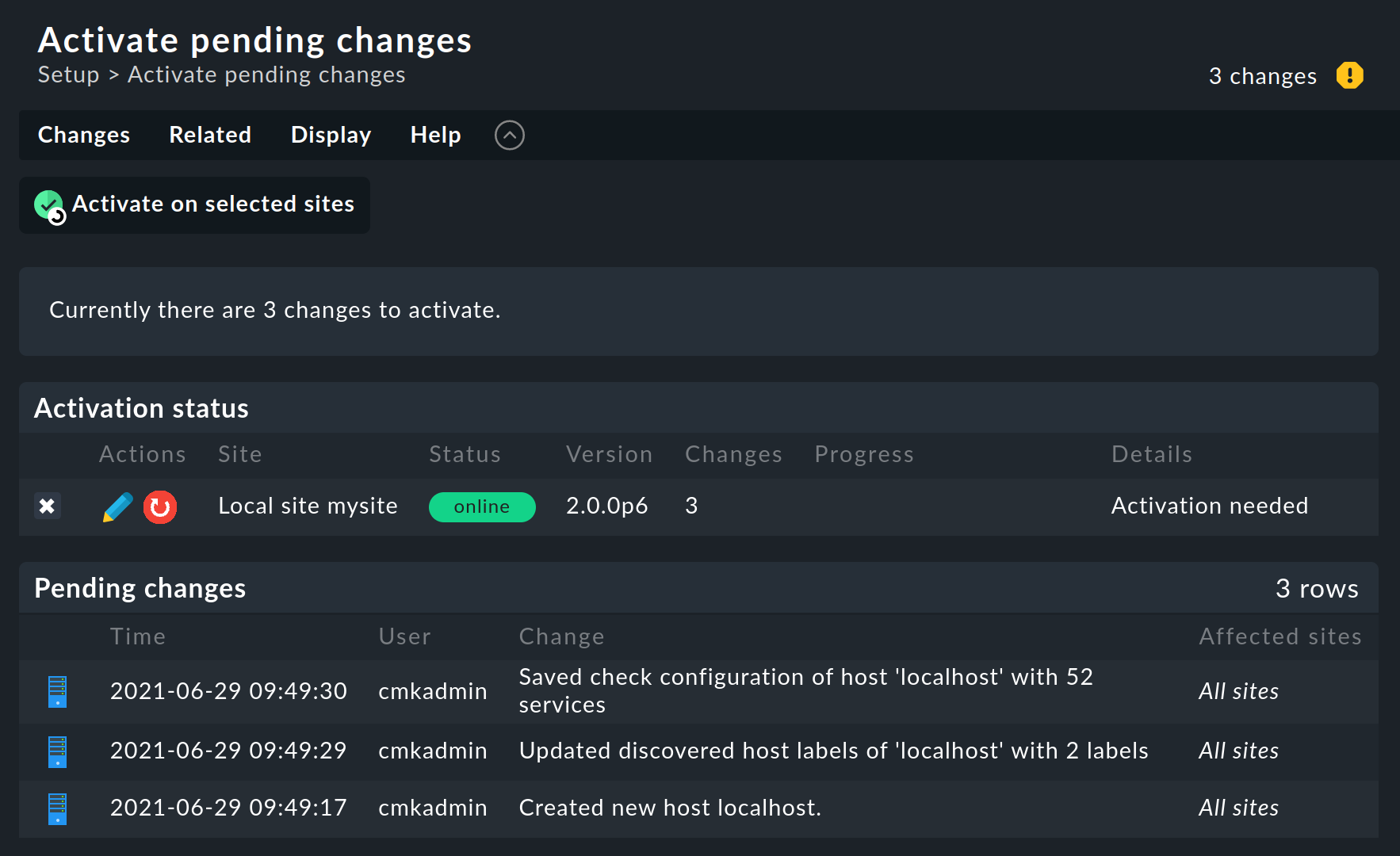 List of pending changes for activation.